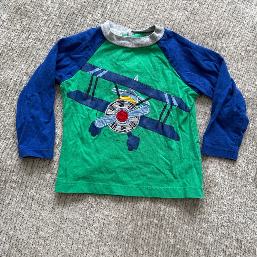 Little Me Toddler Airplane Raglan Shirt Green Blue 18M Long Sleeve